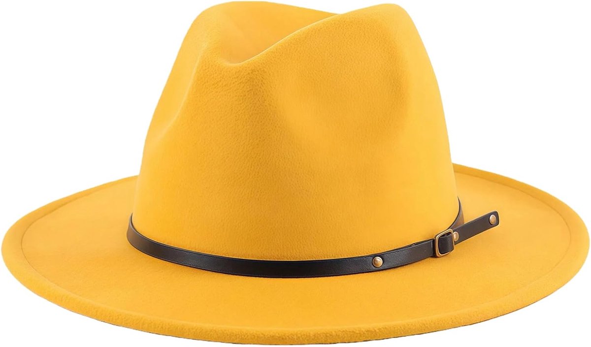 Wol Fedora hoed met riem gesp klassieke vilt brede rand Panama hoed, Geel, One size