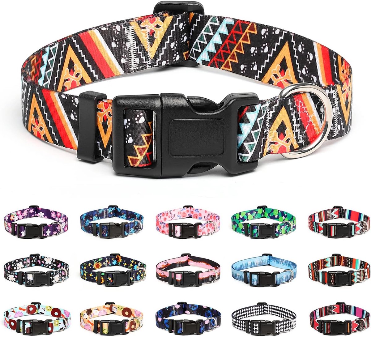 Verstelbare hondenhalsband, speciale motieven, zachte comfortabele duurzame nylon halsband voor kleine, middelgrote en grote honden, L, etnisch - goudkleurig