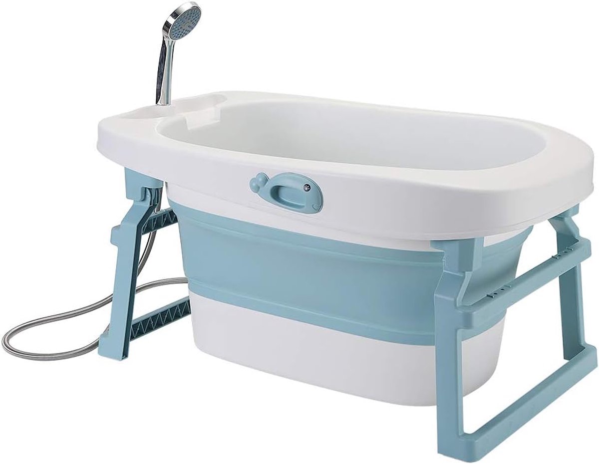 Babybadje, opvouwbaar, opvouwbaar, met badkussen voor meisjes of jongens, vanaf de geboorte tot 7 jaar, antislip, hoogte: 43,7 cm, blauw
