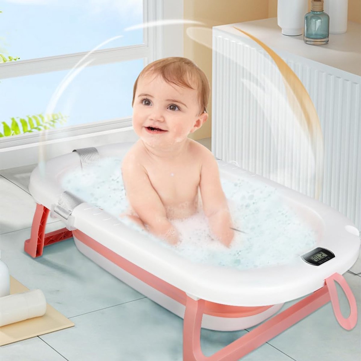 Babybad met digitale thermometer, babybad met badmat, draagbare reisbadkuip voor baby's en kinderen van 0 tot 24 maanden, Newborn Essentials-80 x 50 x 23 - roze