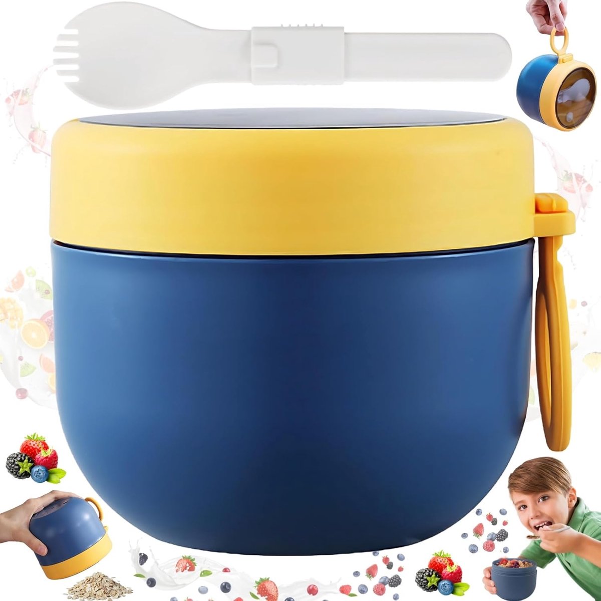 Voedselcontainer, Ontbijtbeker, Muesli To-Go Cup 600ml, Ontbijtdoos van PP-materiaal met Deksel, Yoghurtblik Lekvrij Salad To-Go Cup, Ontbijtdoos van PP-materiaal met Deksel