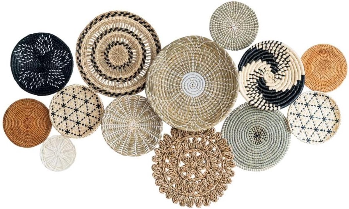 13-delige Boho wandkunstset – Handgemaakte wanddecoratie rattanborden – Natuurlijke wandkunst & rotan Boho wandmand – Woonkamer, slaapkamer & hal decoratie