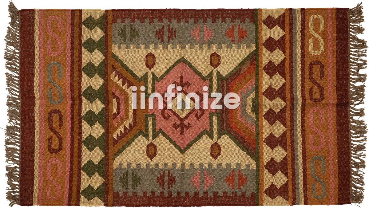 Loper tapijt 91 x 152 cm - handgeweven wol en jute - multicolour kelim - ideaal voor slaapkamer - SnelShoppen