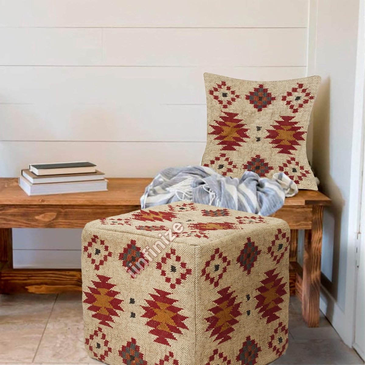 Ottoman pouf 45x45 cm - handgemaakt van jute - bohemian stijl - perfect als voetsteun - SnelShoppen