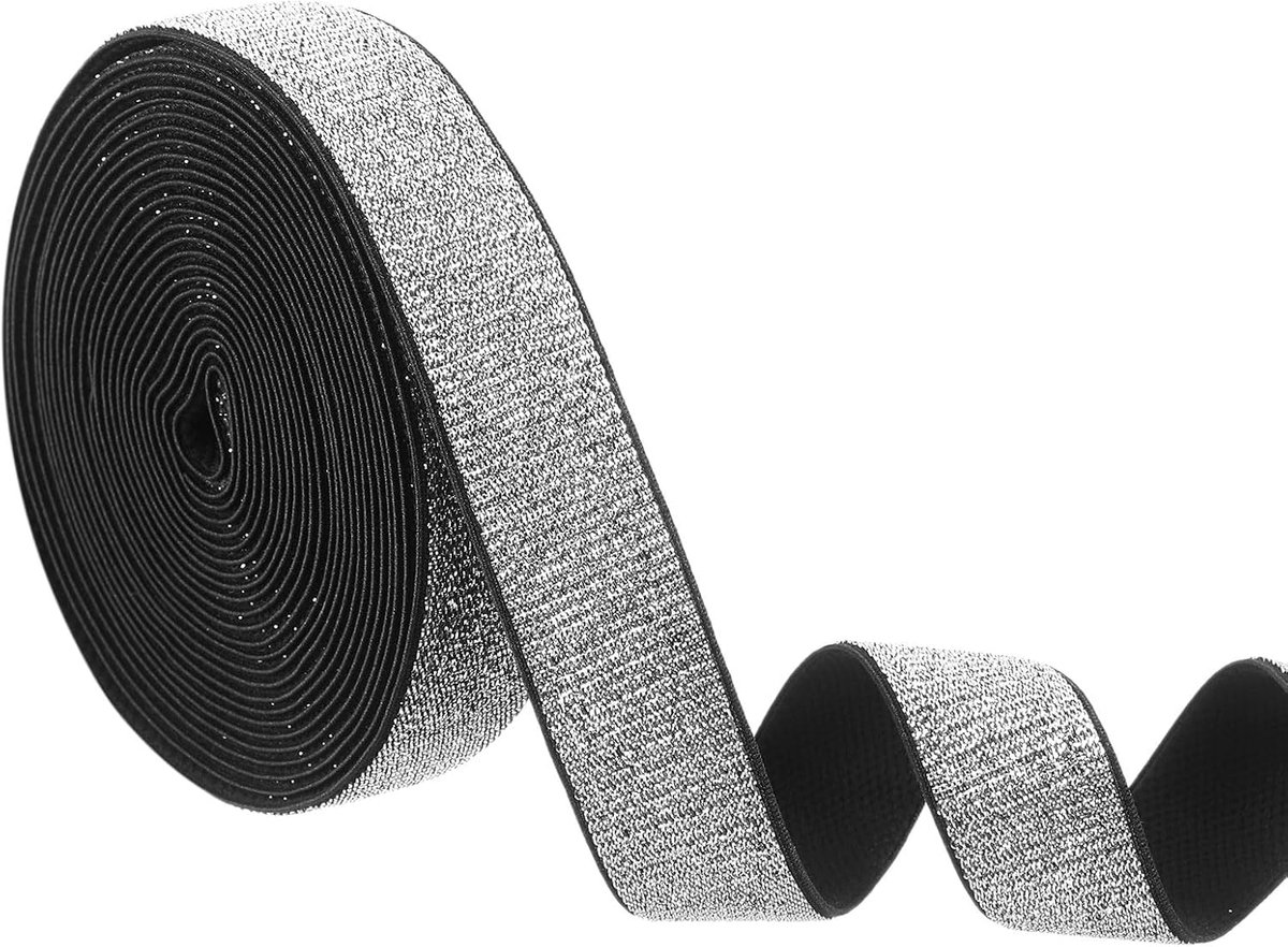 Glitters naaibanden, 2,5 x 12,5 m, elastische stretchband, metallic glinsterende naaiband, wikkelband voor doe-het-zelf handwerk, taille, broeken, kleding (zwarte rand, zilver)