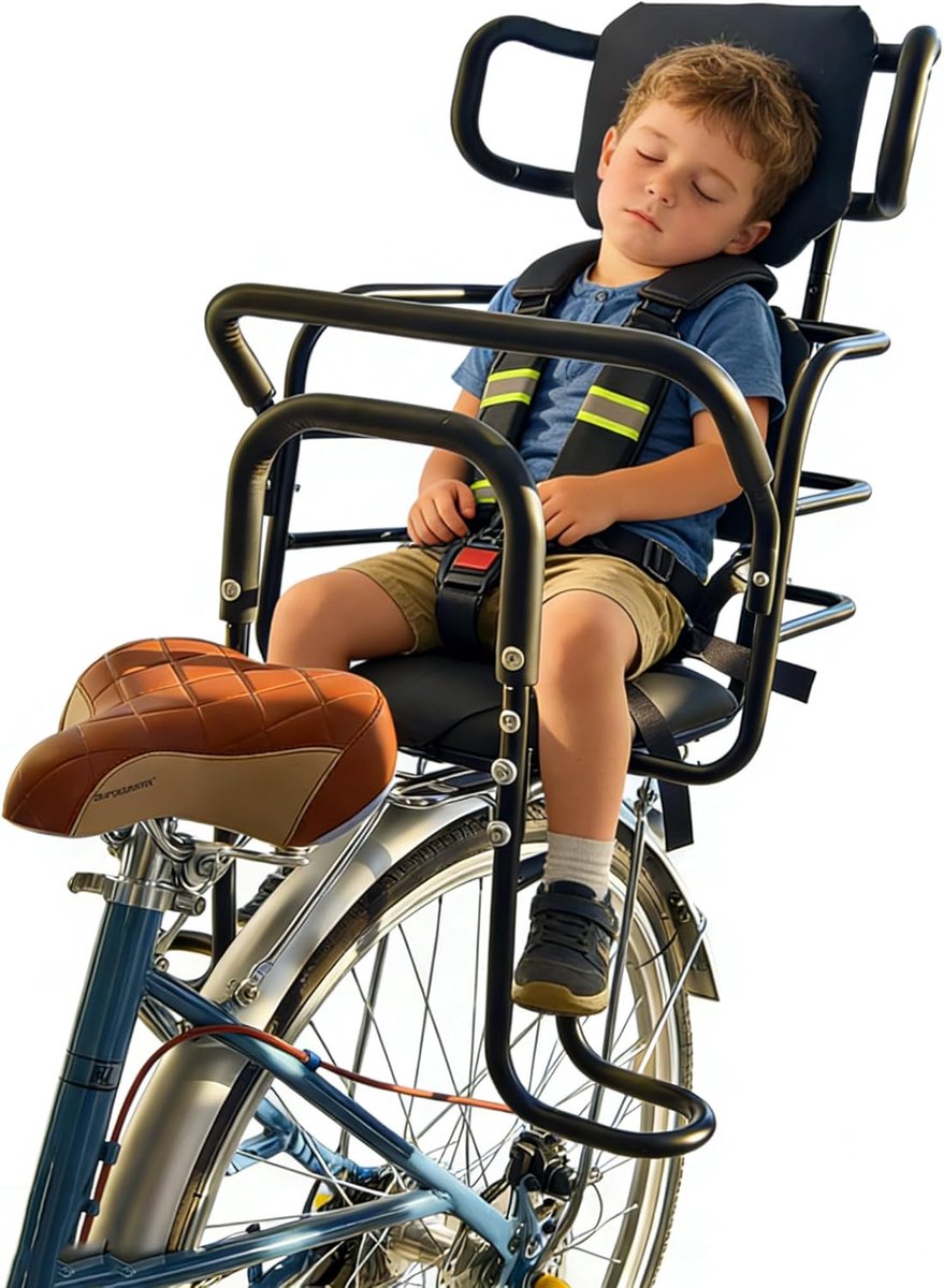 Achterzitje voor kinderen met verstelbare hoofdsteun – Achterzitje voor op de fiets met voetsteunen, rugleuning en handgreep. Ontworpen voor kinderen van 18 maanden tot 8 jaar.