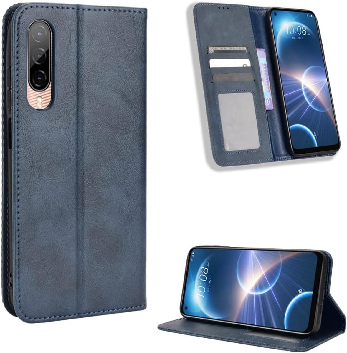Desire 22 Pro-behuizing [Wallet Case] [Bracket-functie] [Kaartsleuven] [Magnetische klep] Compatibel met HTC Desire 22 Pro-smartphone, Blauw