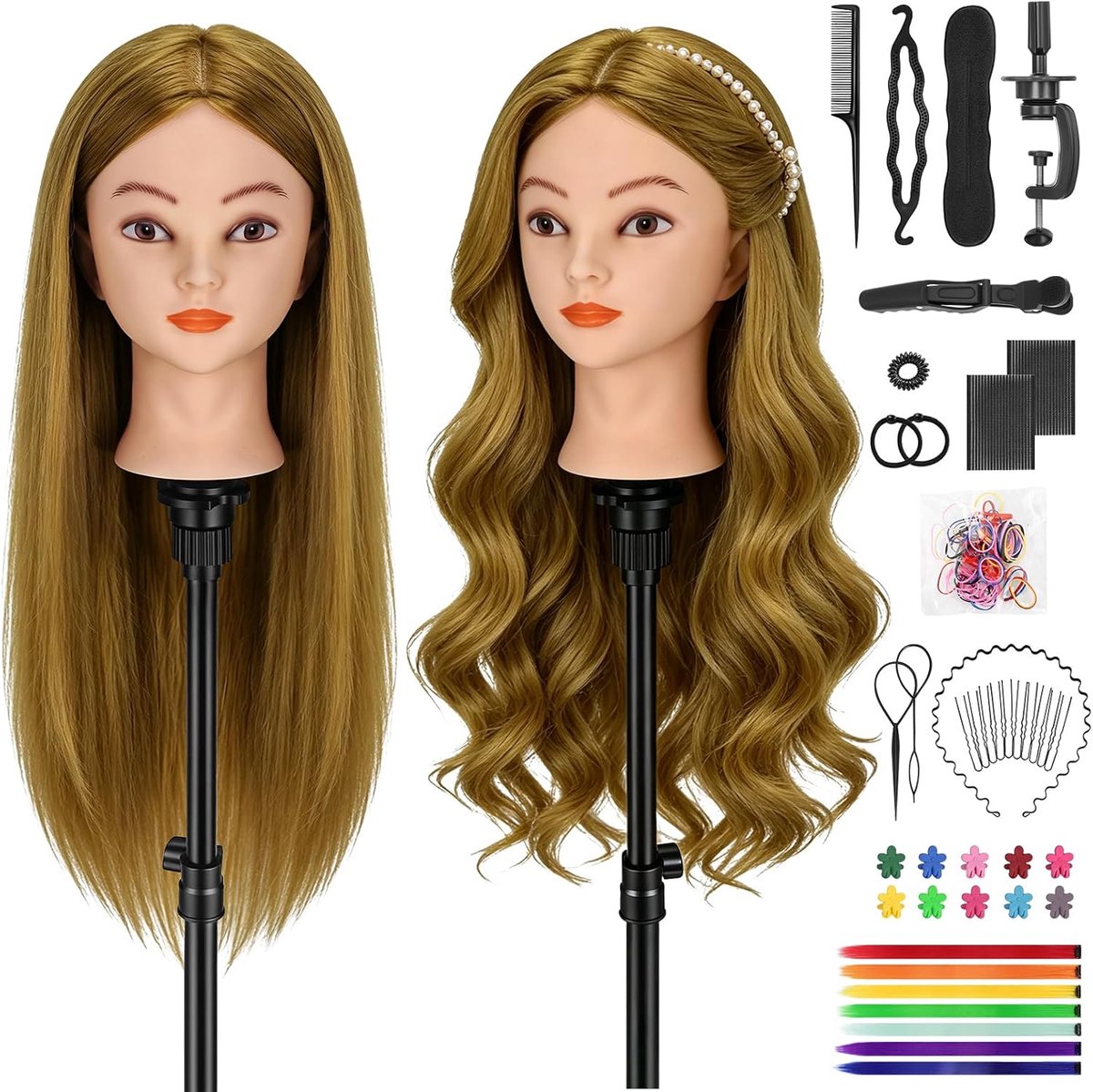 Mannequin hoofd met styling, trainingspop, oefenpop van echt haar, mannequin hoofden voor vlechten, make-up en gratis klemhouder (lichtbruin)