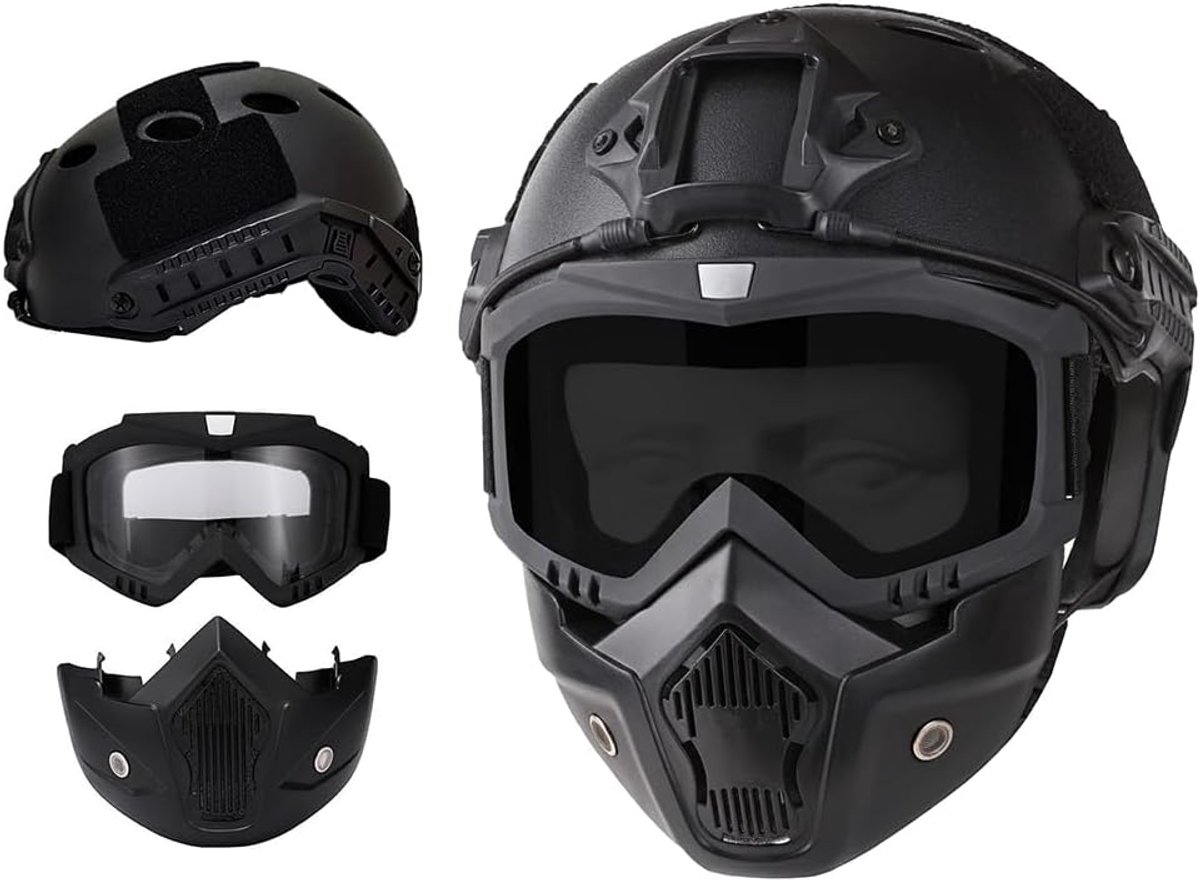 Airsoft-helm en volgelaatsmasker met afneembare bril met NVG-ondersteuning voor en zijgeleiding, PJ FAST helm