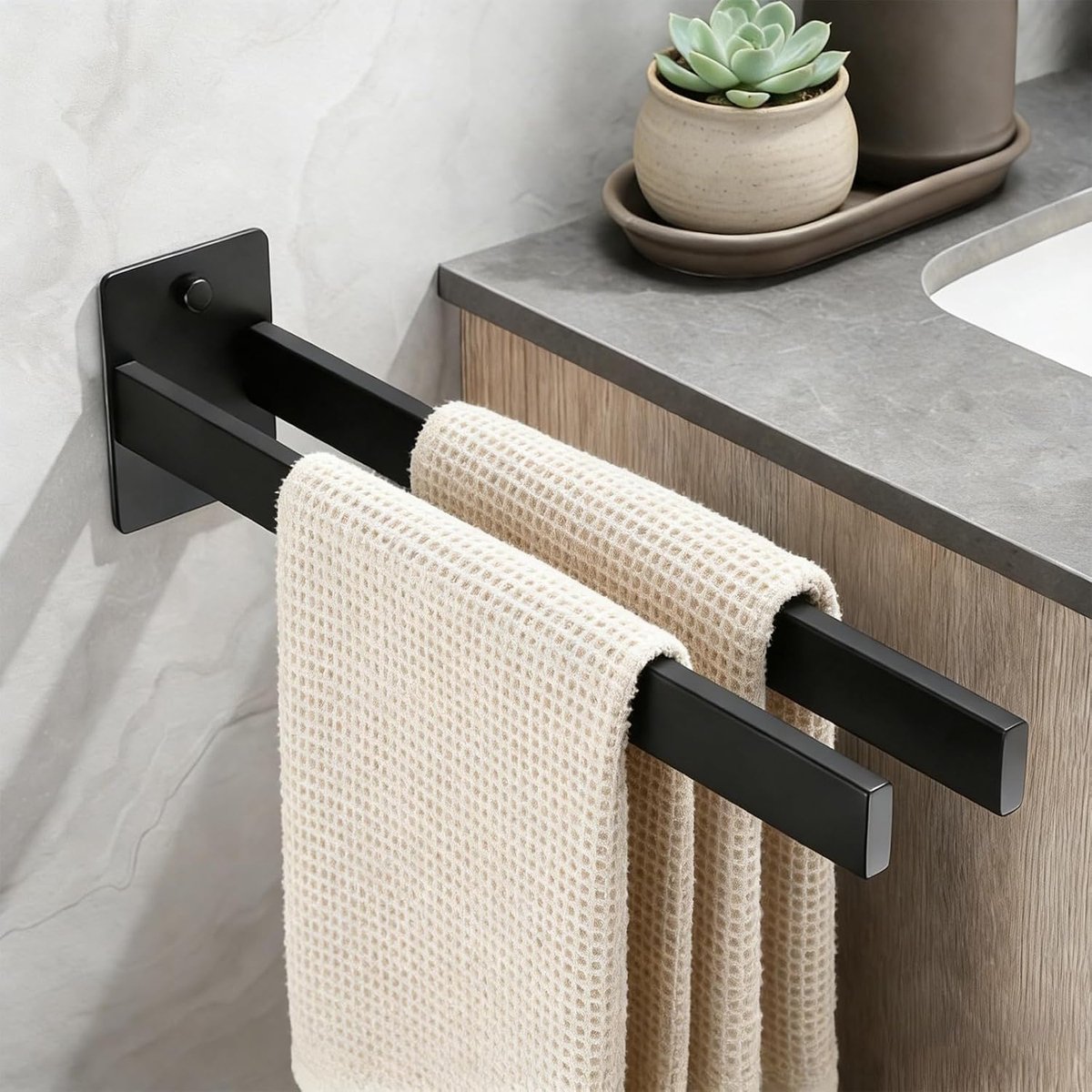Handdoekhouder zonder boren zwart - dubbele handdoekhouder van roestvrij staal voor badkamer en keuken. Zelfklevend of klassiek monteerbaar. Robuuste dubbele stang - razendsnel geïnstalleerd, extreem