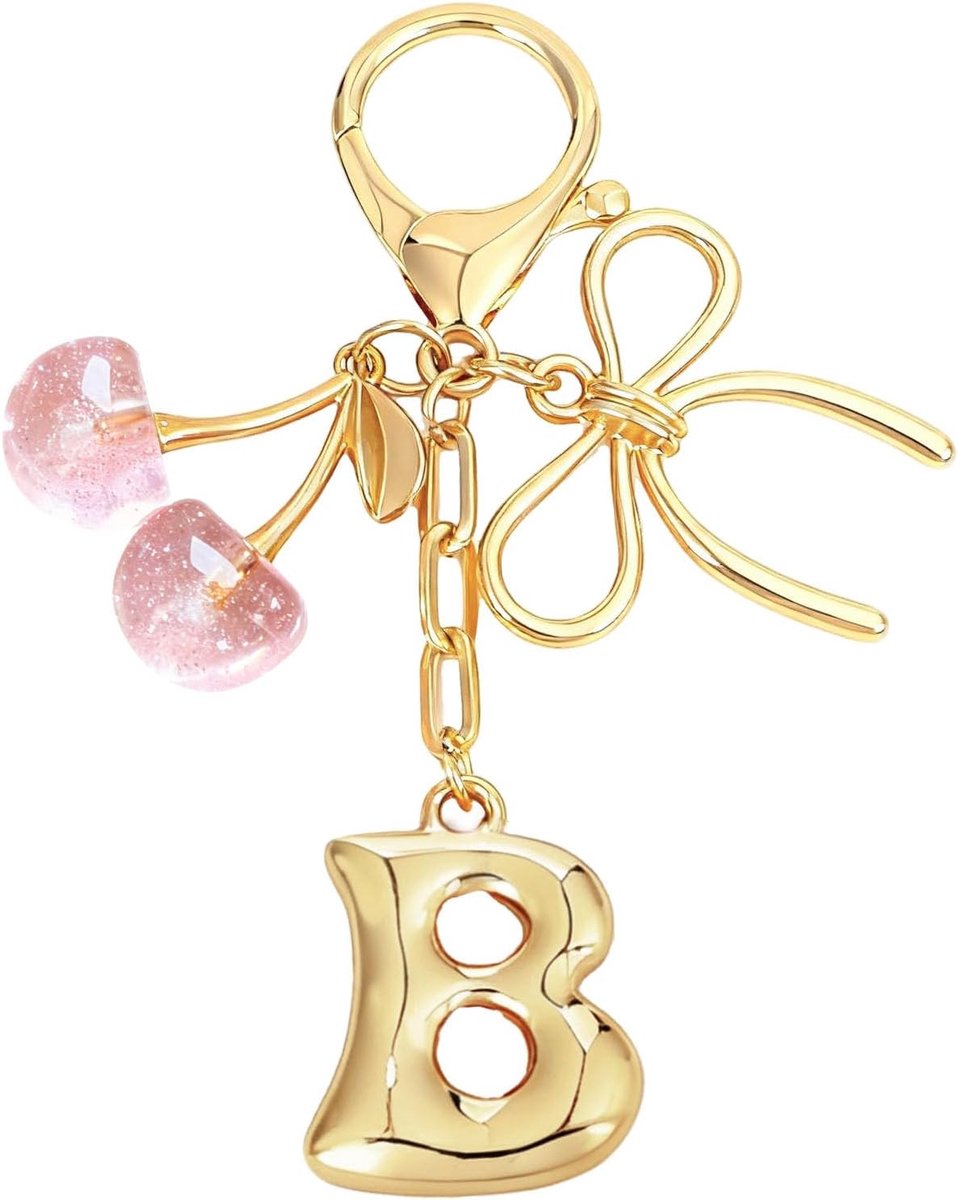 Initial Een Sleutelhanger met Boog & Kersen - Gouden Letter Bag Charms voor Vrouwen, Leuke Portemonnee Handtas Accessoires