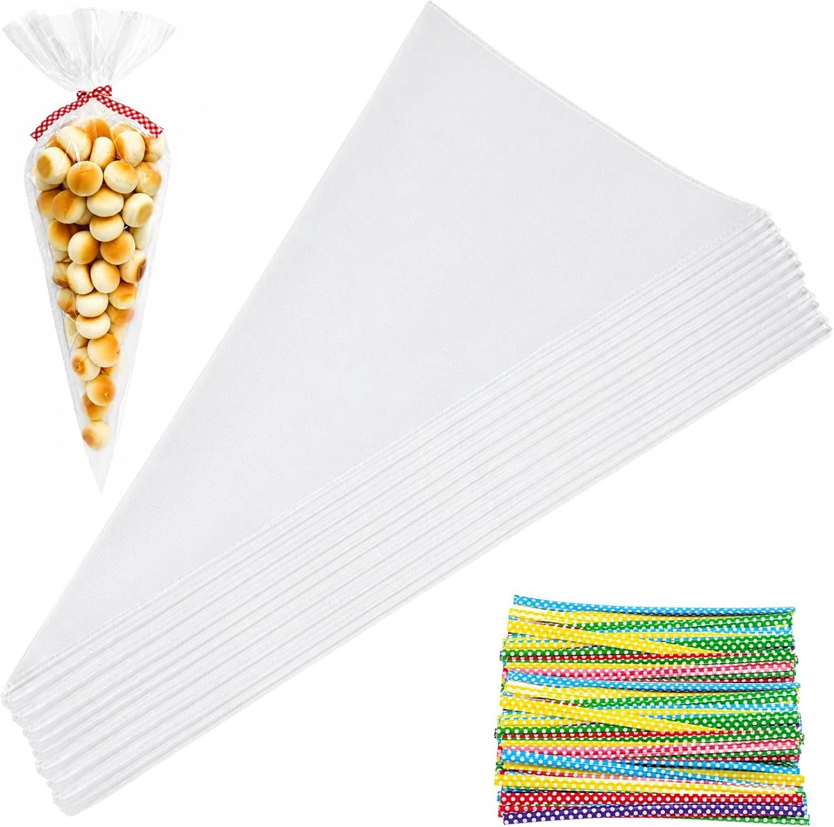 Argtnayk Cellofaantzakjes, 200 stuks kleine zakjes voor snoep, puntige zakjes, transparant, 13 × 25 cm, met gekleurde sluitbanden, geschikt voor snoep, chocolade en snoepbar
