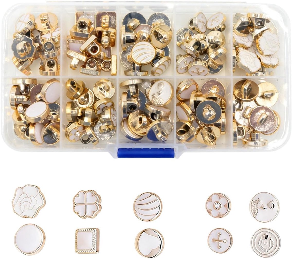100 stuks Sew-in Faux Pearl Buttons Diamante & Kleine Zwarte Knopen met Wit & Goud voor vesten, Shirts & Ambachten