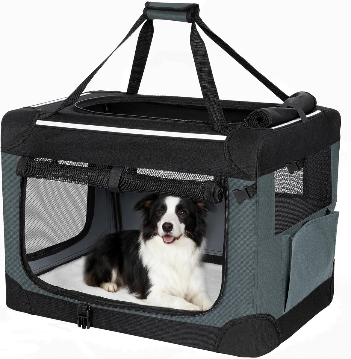 Hzuaneri Opvouwbare Hondenbench met 3 Deuren, 91,4x63,5x63,5 cm, Grijs,Draagbare Opvouwbare Reisbench, Ademende Bench voor Huisdieren, Geschikt voor Grote Honden, voor Binnen en Buiten