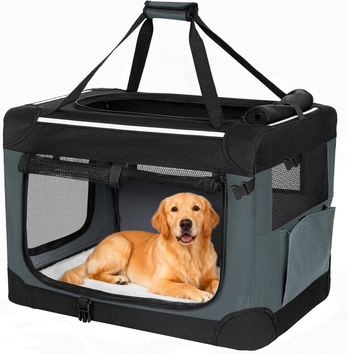 Hzuaneri Opvouwbare Hondenbench met 3 Deuren, 106,7 x 71,2 x 71,2cm, Grijs, Draagbare Opvouwbare Reisbench, Ademende Bench voor Huisdieren, Geschikt voor Grote Honden, voor Binnen en Buiten
