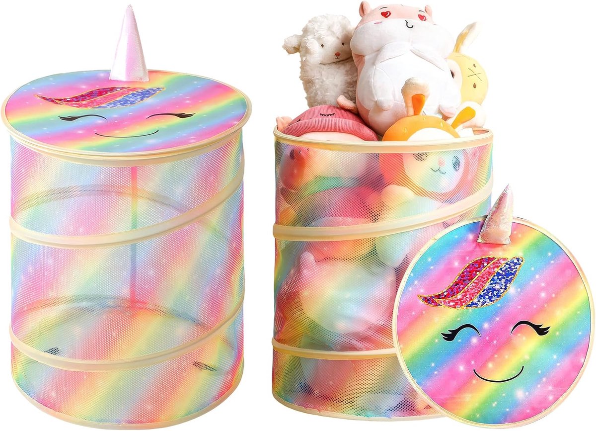 Knuffel speelgoed opbergmand 35 cm - regenboogpaard design - decoratief - stimuleert zelfstandig opruimen - ShopVlot