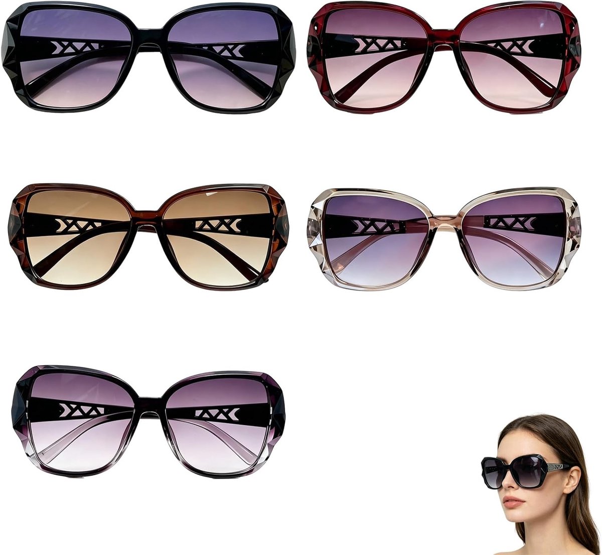 Dames zonnebrillen gepolariseerd - grote vierkante vintage stijl - UV400 bescherming - modieuze set van 5 kleuren - ShopVlot