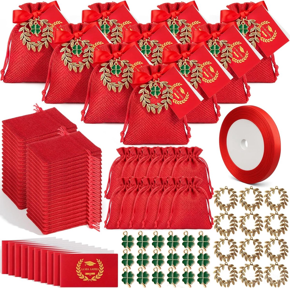 Afstudeercadeaus 50 Sets - Rode Jute Zakjes - Klaverbedeltjes en Laurierkransbedeltjes - Perfect voor Bedankjes - ShopVlot