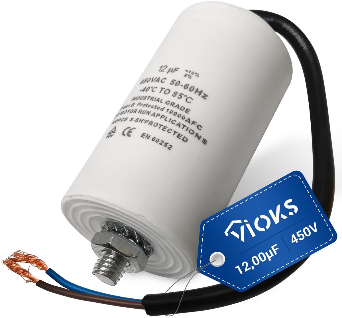 Startcapacitor 12μF 450V - CBB60 universeel - met aansluitkabel en M8 bevestigingsschroef - ShopVlot