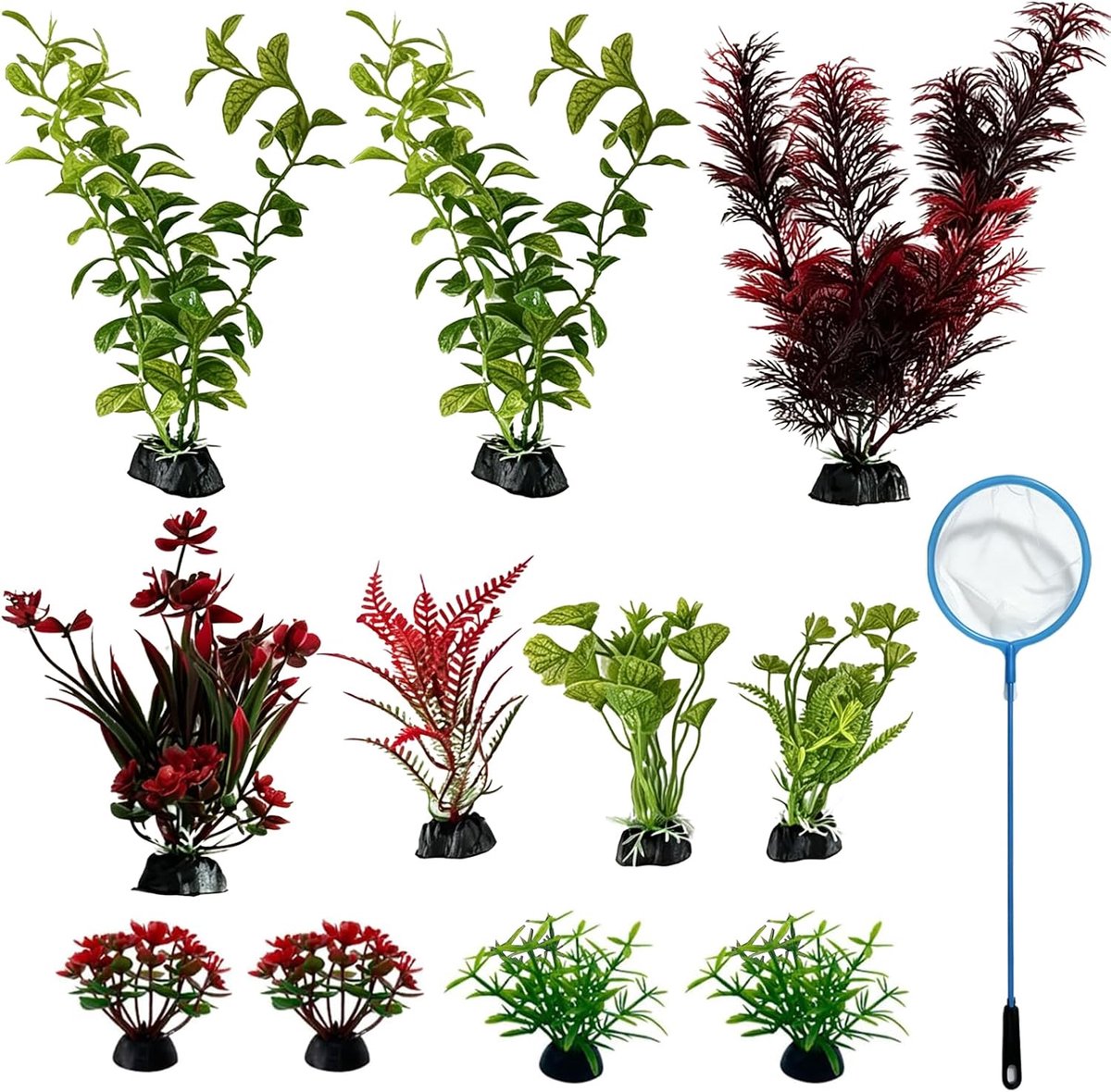 Aquariumdecoratie 11 stuks - Kunstwaterplanten - Onderhoudsvrij - Inclusief visnet en reinigingsdoek - ShopVlot