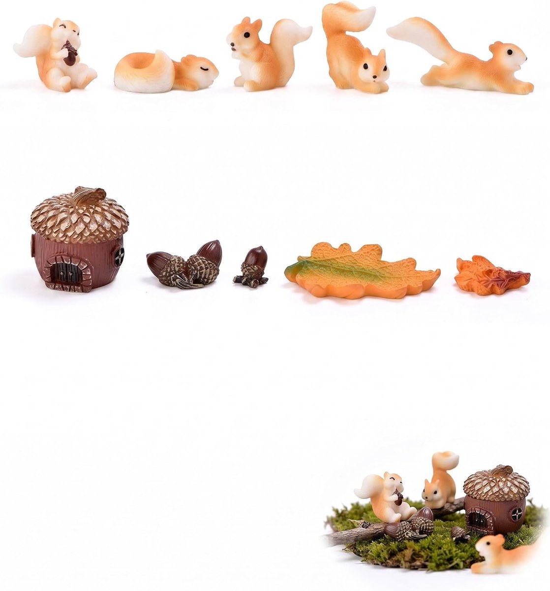 Herfstdecoratie eekhoorns - 10 miniaturen van hars - complete set met dennenappelhuis - voor miniatuurtuin - ShopVlot
