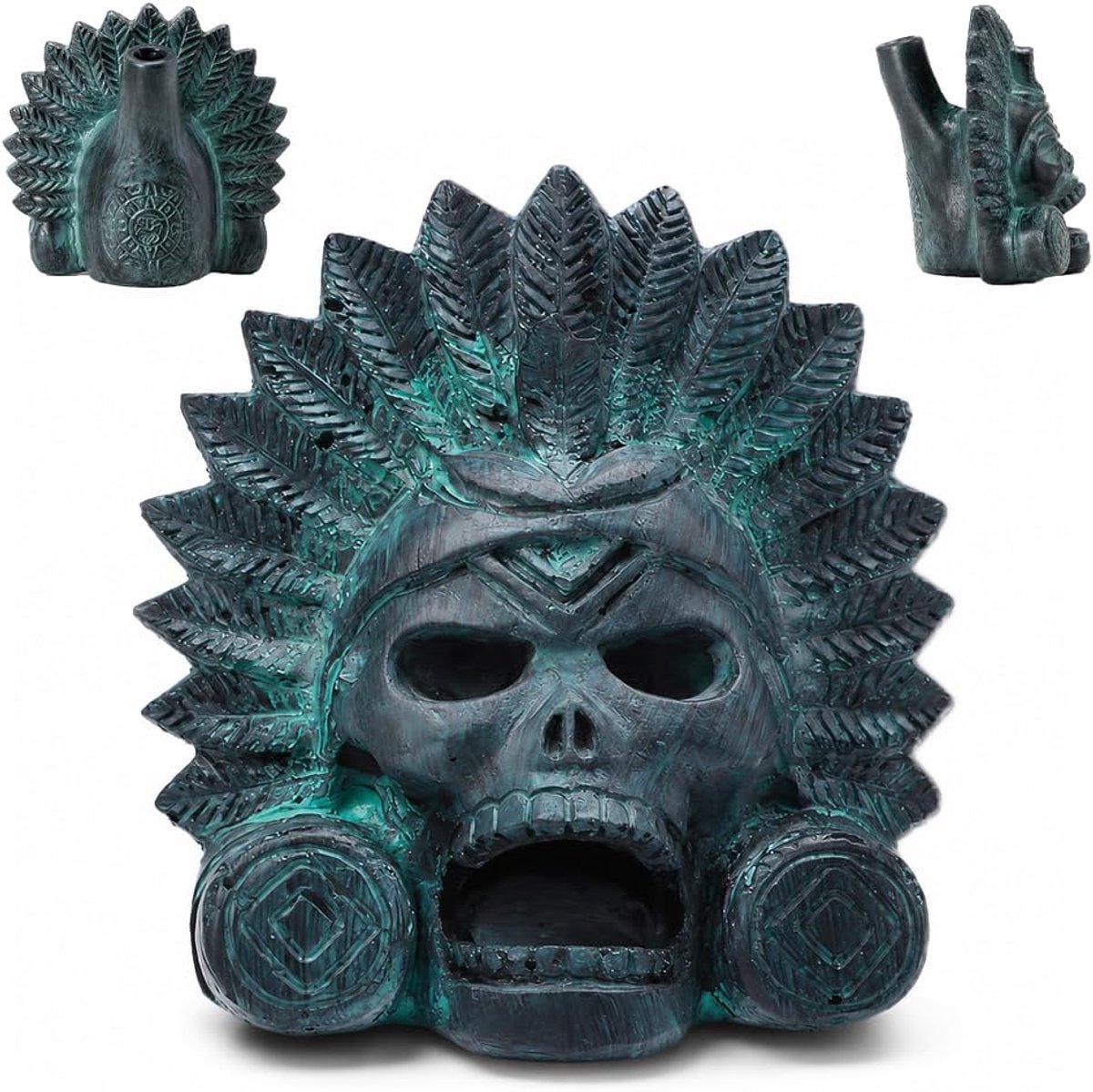 Azteekse dood fluitje 125 dB - bronzen design - met schedel en veren - perfect voor Halloween - ShopVlot