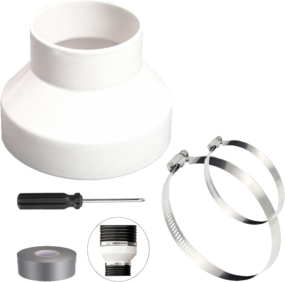 Pipe reducer 150 mm naar 100 mm - ABS ventilatie adapter - met 2 RVS clips - voor mobiele airconditioning - ShopVlot