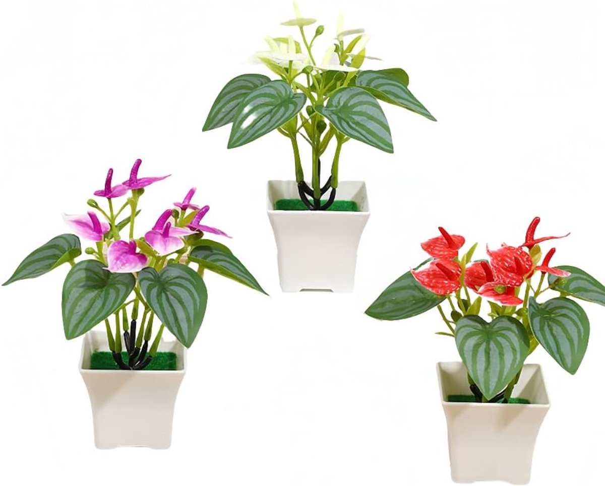 Mini Anthurium Kunstbloemen 3 Stuks - 17 cm Hoog - Kunstplant in Pot - Ideaal voor Huisdecoratie - ShopVlot