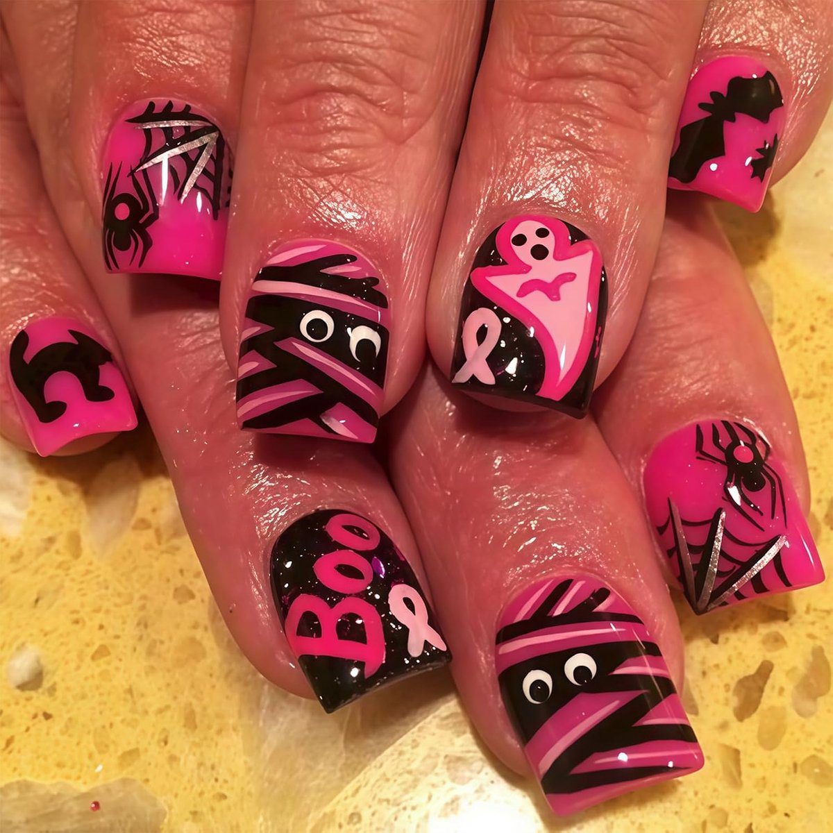 Press On Nails 24pcs - Korte amandelvorm - Glitter pompoen en geest design - Herbruikbaar voor Halloween - ShopVlot