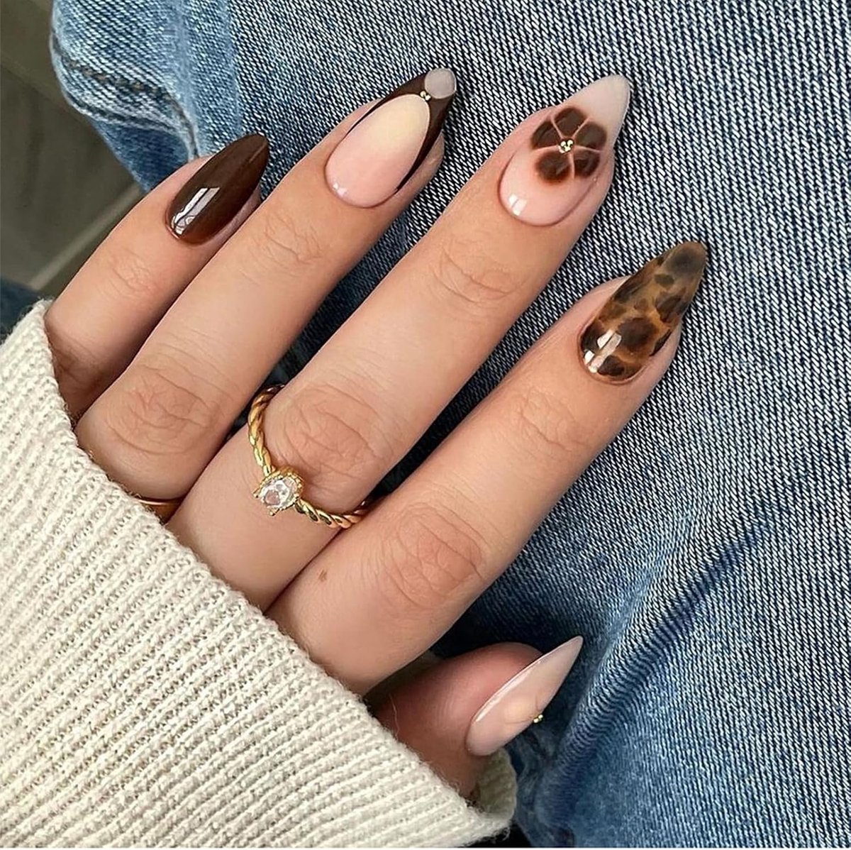 Kunstnagelset 24 stuks - handgemaakte herfstontwerpen - amandelvorm - comfortabele nagels voor dagelijks gebruik - ShopVlot