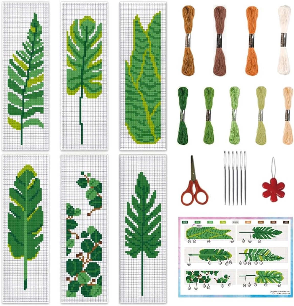 Boekenleggers DIY groene bladeren - 6 stuks - geprinte borduurkits - perfect voor boekenliefhebbers - ShopVlot