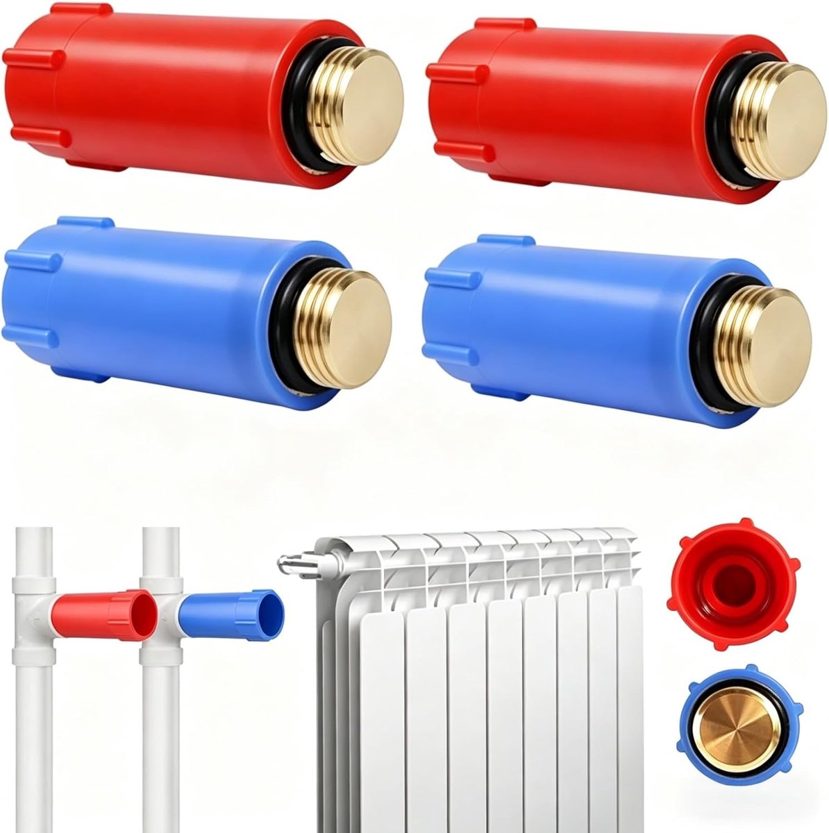 Bouwstoppen waterleiding 1/2 inch - messing schroefdraad - kleurcodering - eenvoudig onderscheid tussen waterleidingen - ShopVlot