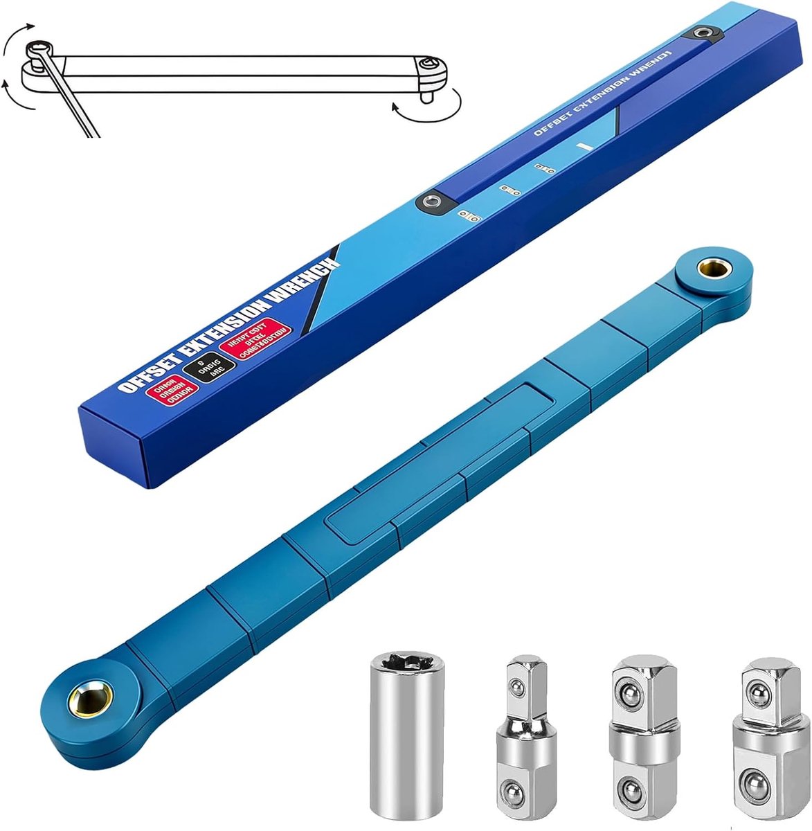 Offset verlengsleutel set 39,5 cm - met 1/4 inch, 3/8 inch, 1/2 inch adapters - voor nauwe ruimtes - ShopVlot