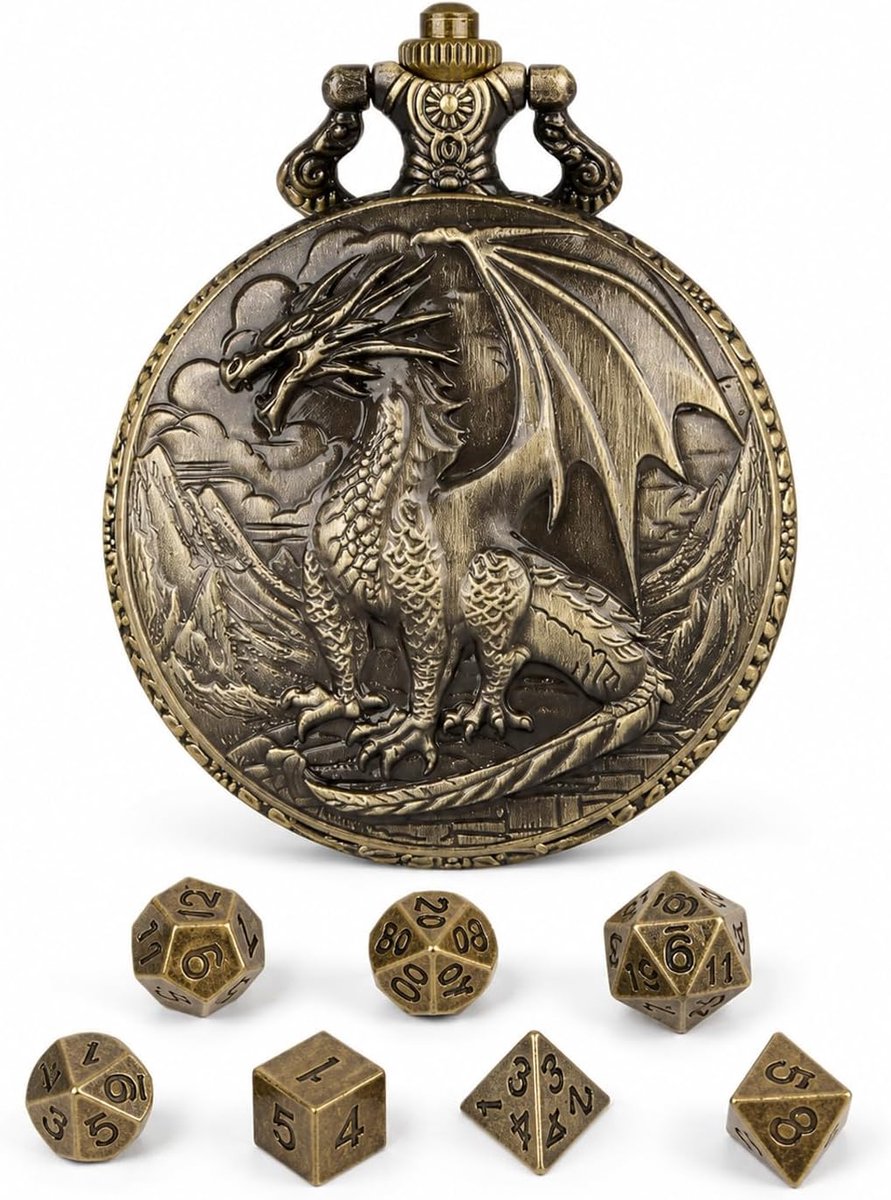 mini-DND-dobbelstenen set - metaal - drakenpatroon zakhorloge-etui - ideaal voor rollenspellen - ShopVlot