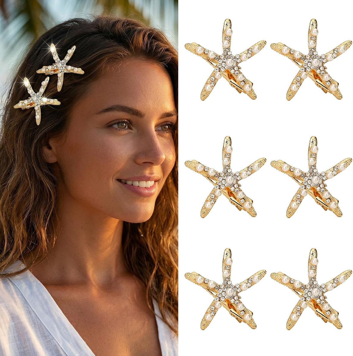 Haarspelden zeester 6 stuks - synthetische parels - strass versiering - elegante haaraccessoires voor bruiloft - ShopVlot