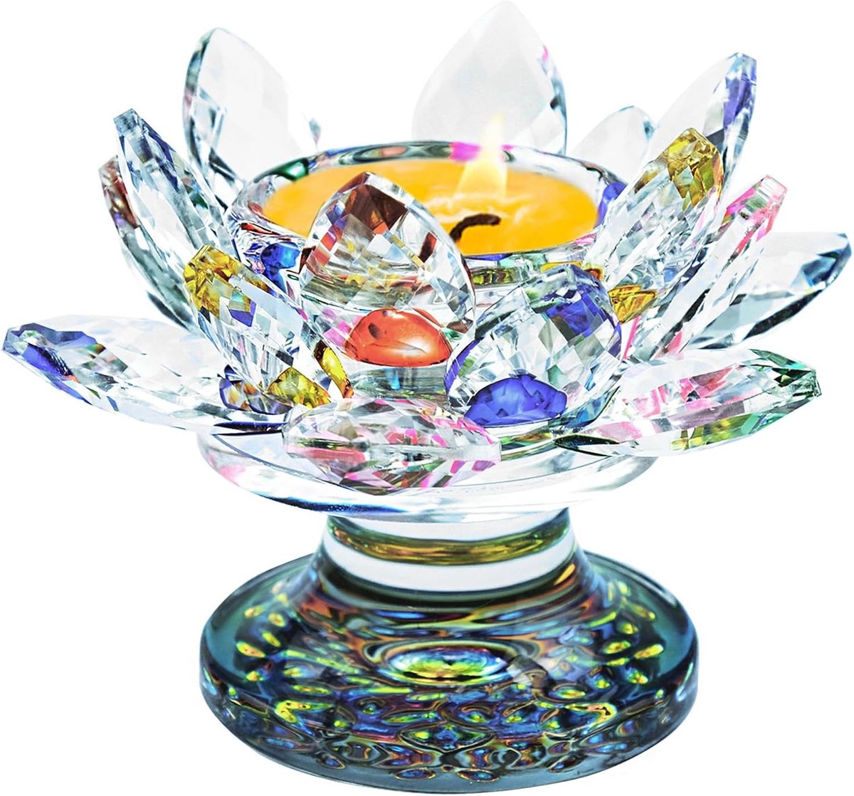 Cadeaukaarsenhouder kleurrijke kristallen lotus - hoog - transparant glas - brengt geluk en welzijn - ShopVlot