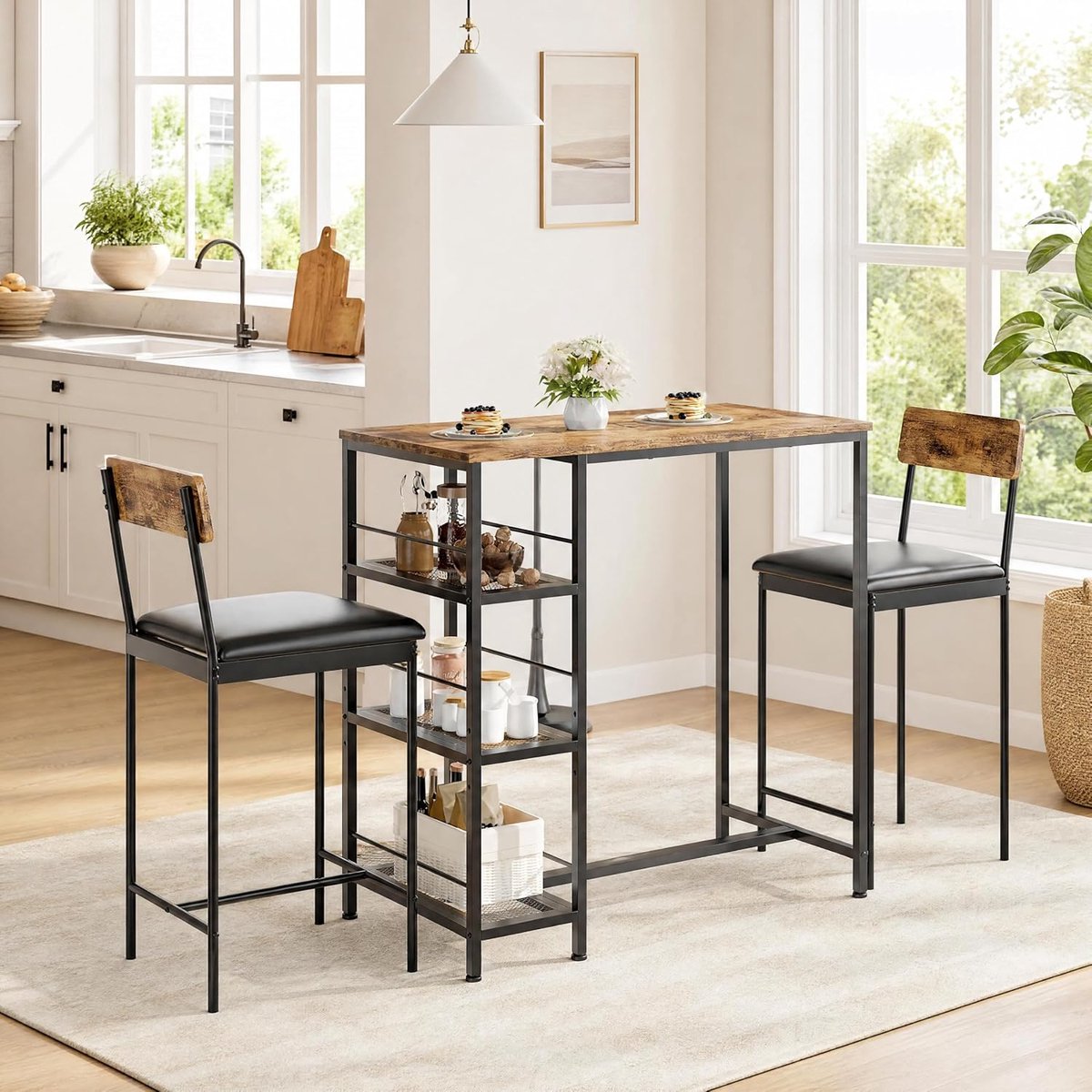 Triumpunpre - Eettafel Set 3 delige - Bar tafel + 2 stoelen met 3-laags opbergplank - industriële Bruin