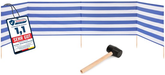 Strand windscherm met blauw-witte strepen, inclusief stokken en rubberen hamer. Met "SEHR GUT" keurmerk.