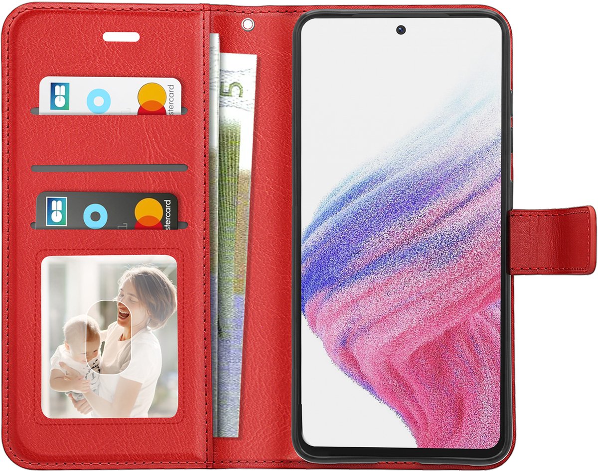 Mayaxess, Portemonnee Hoesje Geschikt voor Samsung Galaxy A53 5G met Polsband en Standaard, Rood