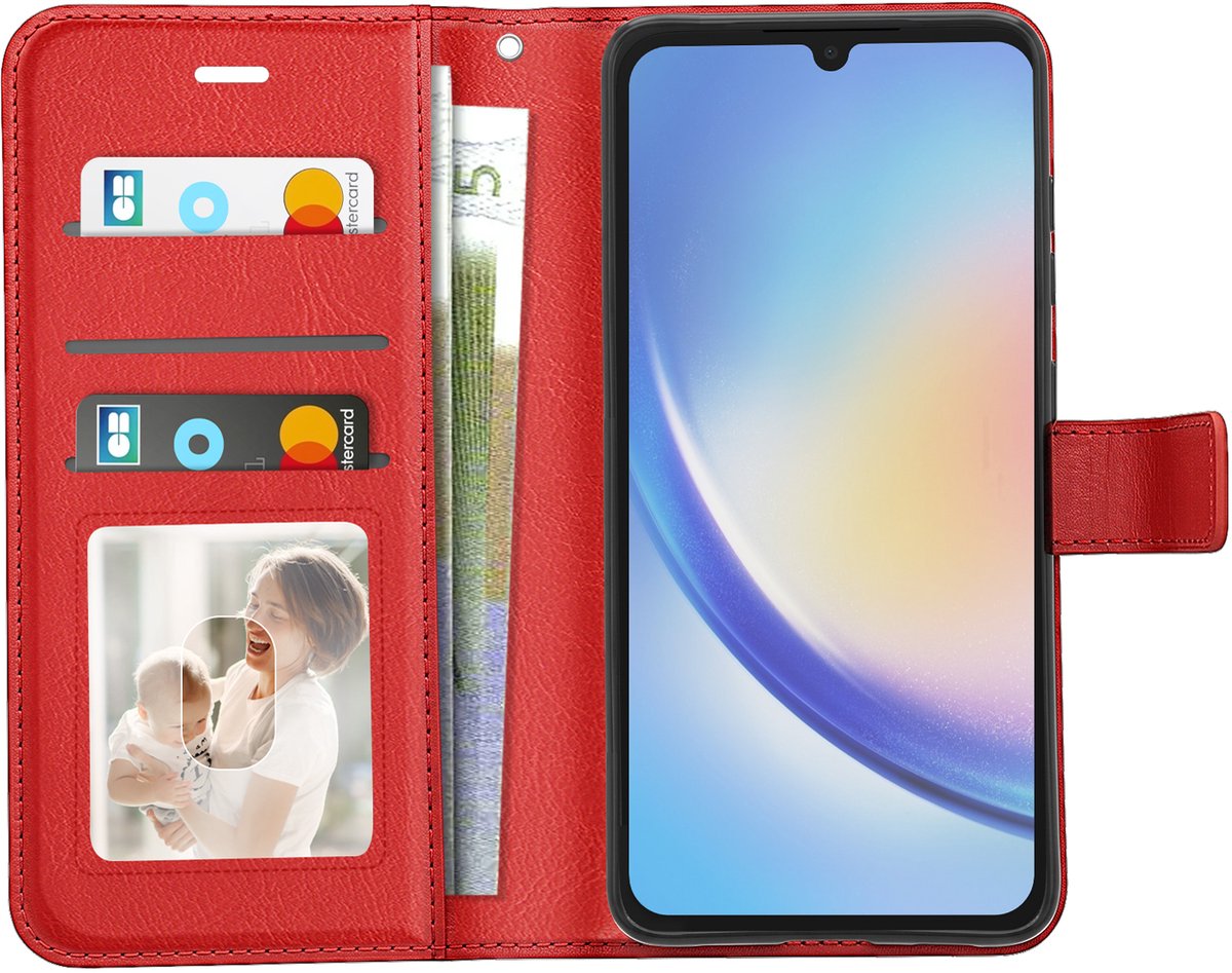 Mayaxess, Portemonnee Hoesje Geschikt voor Samsung Galaxy A34 5G met Polsband en Standaard, Rood