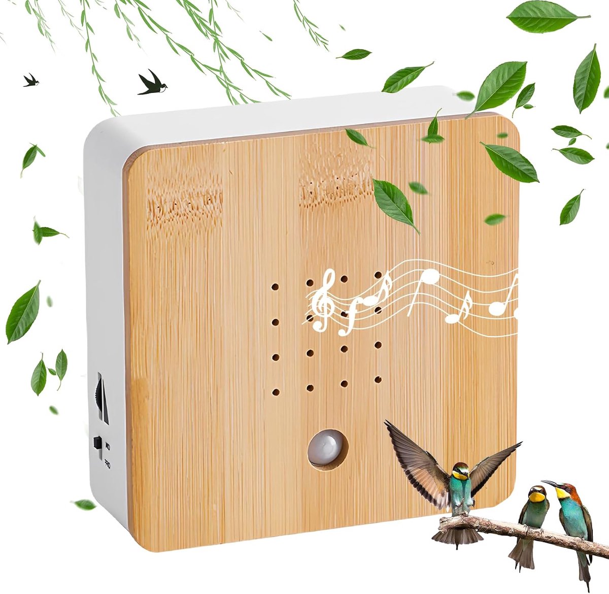 Box met bewegingsmelder, echt hout, onzichtbare HF-bewegingssensor, vogelgeluid, licht met wandhouder, natuurgeluidsbox, vogel, zang, vogelgeluid, box, zonder batterij