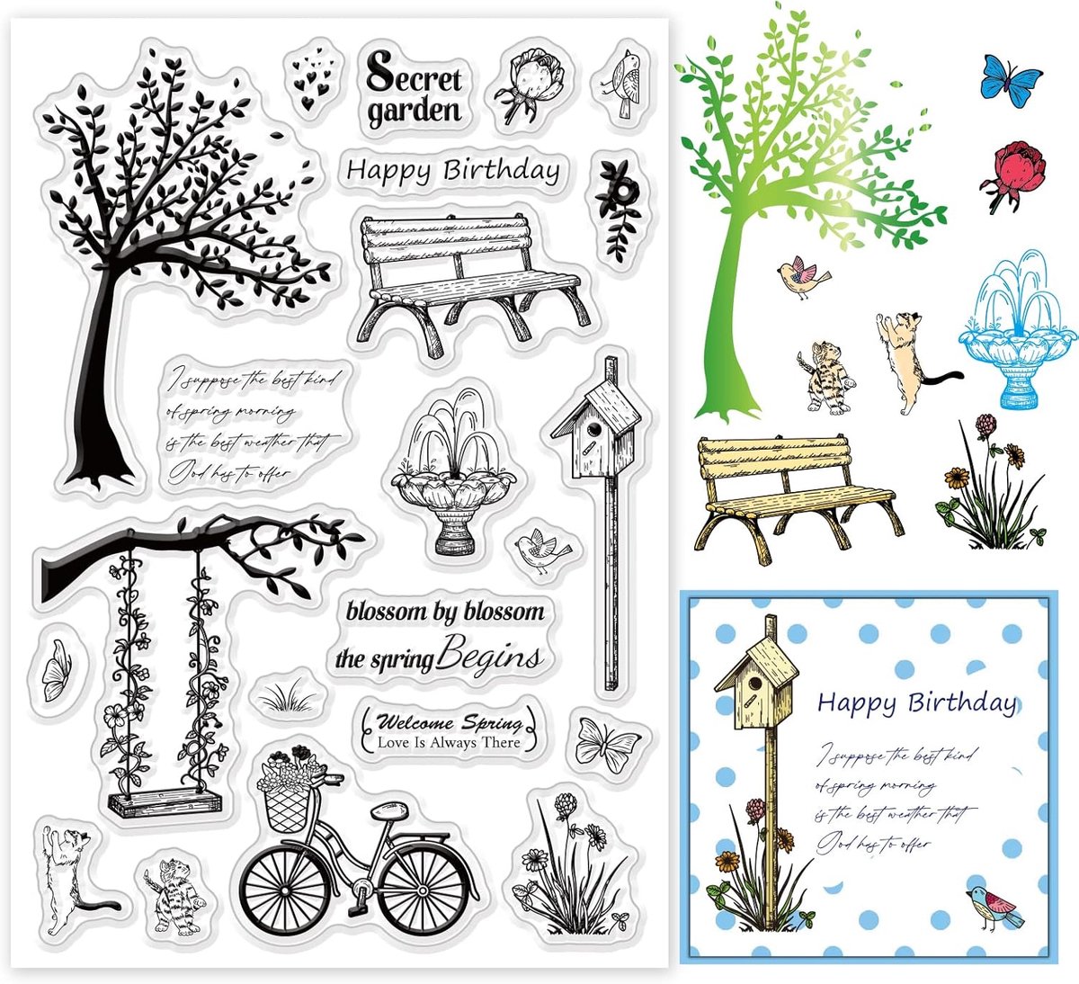 Lente Bloemen Clear Stempel Set - Gras, Vlinder, Fiets, Boom, Woorden, Stoel - Siliconen en Rubber Stempels voor Kaarten Maken, Decoratie en DIY Scrapbooking
