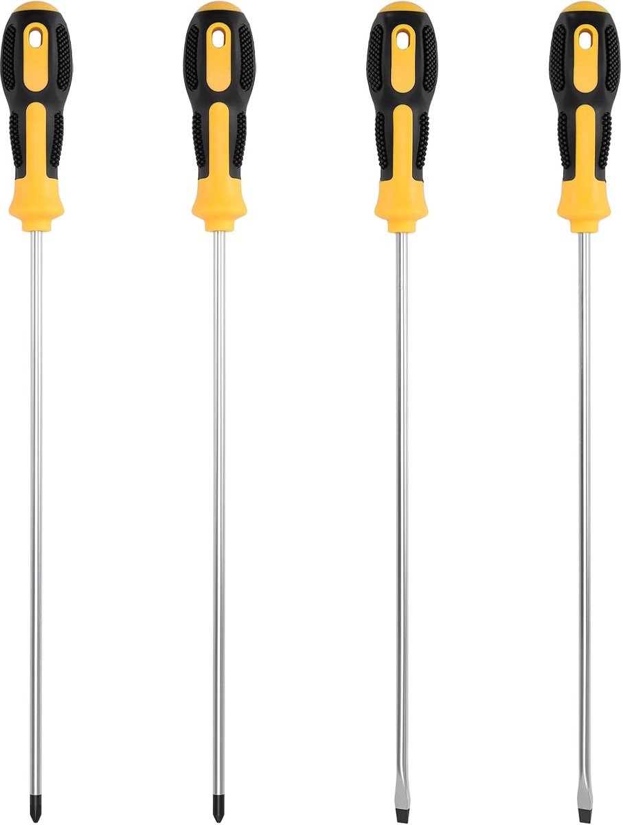 Set van 4 lange schroevendraaiers, 41,5 cm, zwart geel handvat, schroevendraaier, 2 lange platte schroevendraaiers, 2 lange kruiskop schroevendraaiers, koolstofstaal, voor professionele