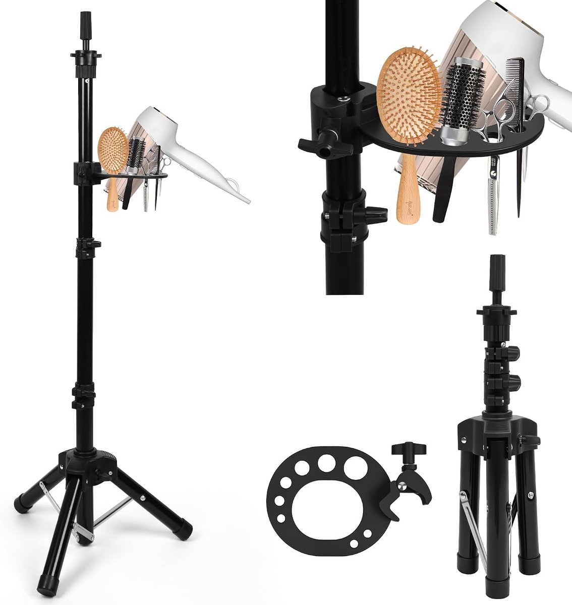 Mannequin Hoofd Statief, Verstelbare Pruik Stand Statief, Mannequin Hoofd Stand Houder voor Kappers Training (Zwarte Plaat)