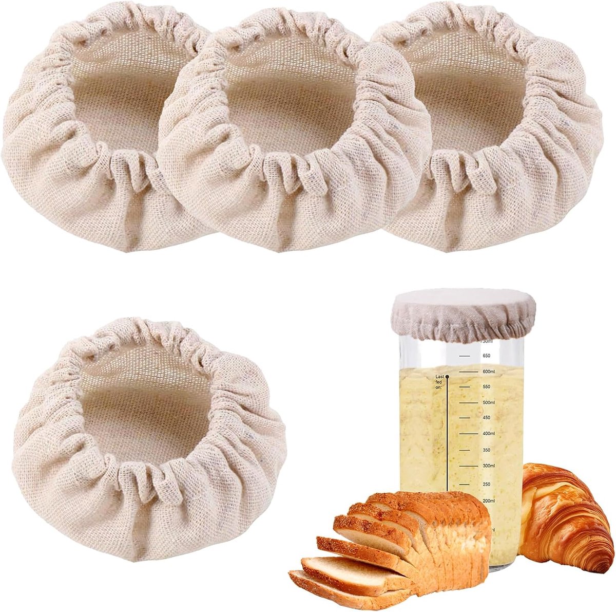 Brood Starter Pot Doek Covers 4 Stuks Herbruikbare Katoenen Doek Jar Covers Brood Bakken Elastiek Kom Cover Ademend Zuurdesem Pot Cover Fit 7-10 cm Jar Mond