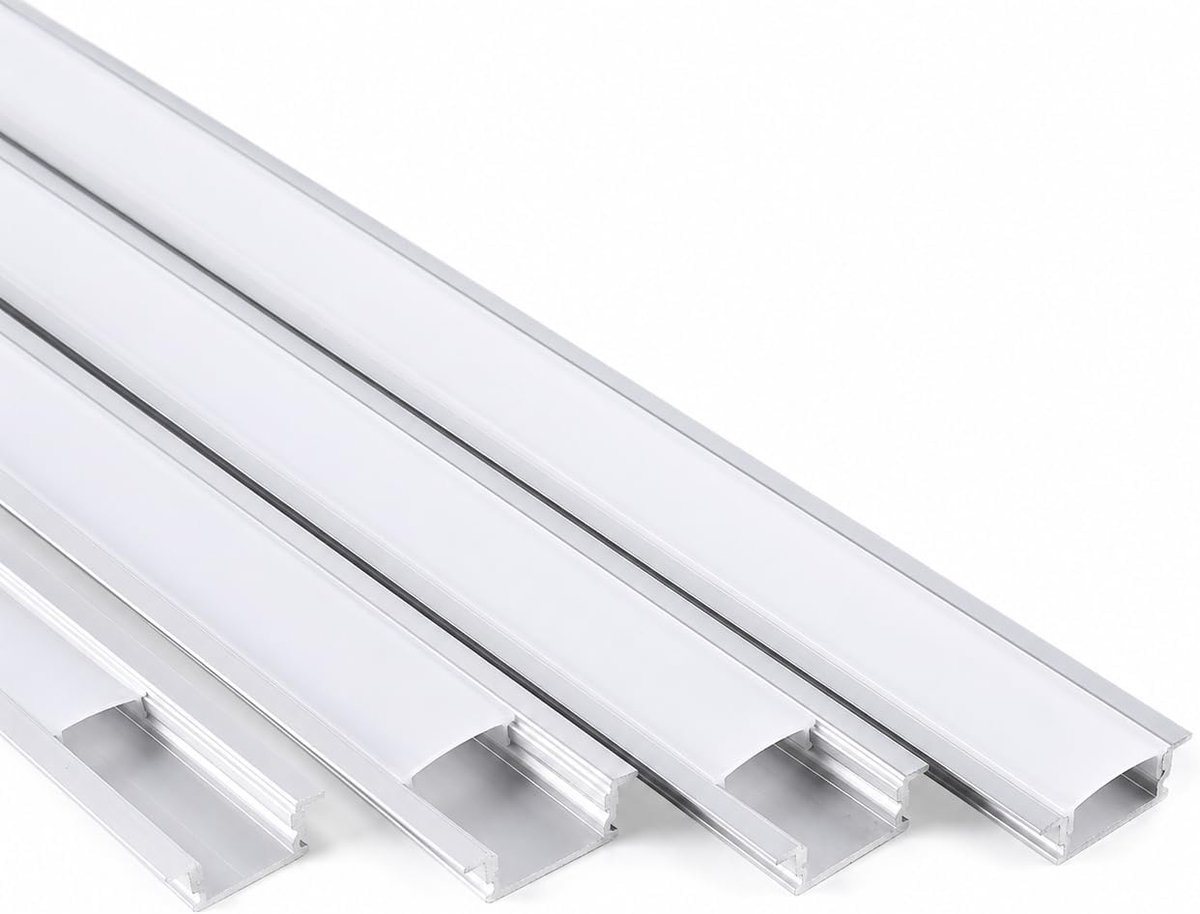- Verpakking van 4 grijze Aluminium Profielen, YW-vorm, 1 Meter Lang, voor Verzonken Installatie van LED-strips, Semi-transparante Ronde Diffuser. Inclusief Eindkappen.