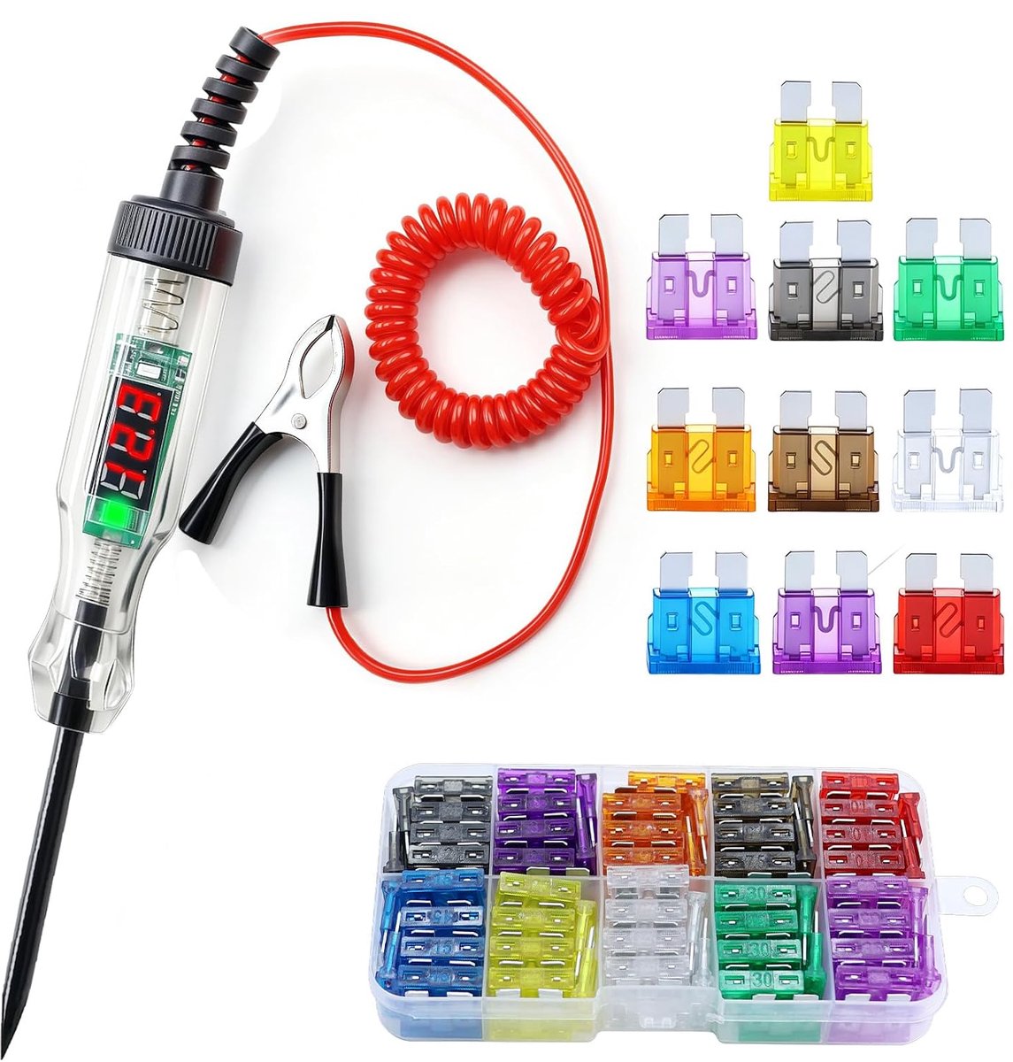 Spanningstester met 100 stuks autozekeringen set 3-48V elektrische tester autoloodstift met krokodillenklem veerdraad testers autozekering met LED numeriek digitaal DC voor auto's vrachtwagens