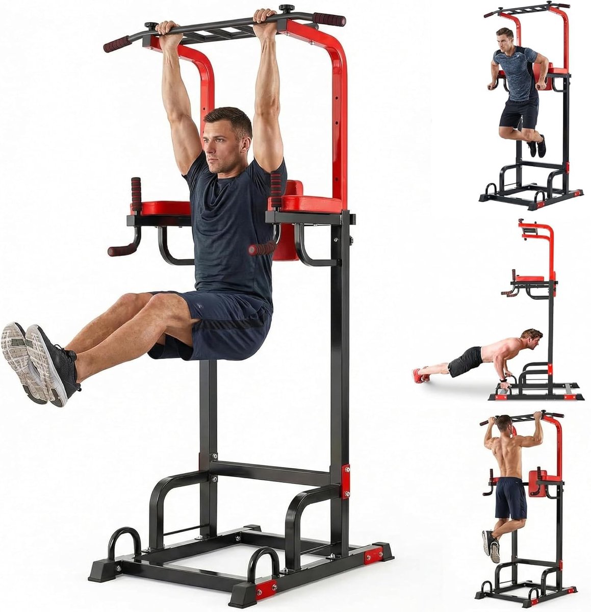 Tower Dip Station optrekstang voor thuisfitnessstudio, krachttraining, trainingsuitrusting, in hoogte verstelbaar van 165-210 cm, laadcapaciteit tot 200 kg
