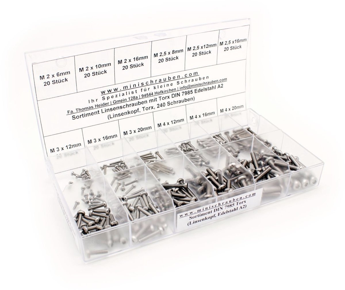 Assortimentsdoos met 240 stuks kleine lenskopschroeven volgens DIN 7985-TX van roestvrij staal A2 (M2, M2,5, M3 en M4), TX, lenskop. Minischroeven assortiment incl. gelabelde doos