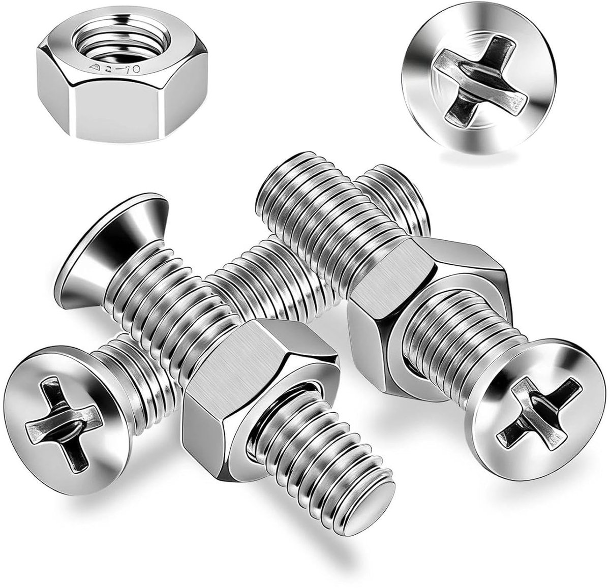kopschroeven, roestvrij staal, M4 x 10 mm, 60 stuks platte kopschroeven met moeren, kruiskop, metalen schroeven, machineschroeven, volledige schroefdraad, schroefdraadschroeven voor